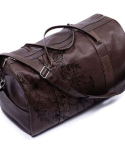 Genuine leather duffel bag - floral illustrated - Saddle