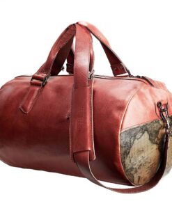 Genuine Leather Duffel Bag - World Map Illustrated - Cherry