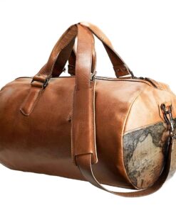 Genuine Leather Duffel Bag - World Map Illustrated - Pecan