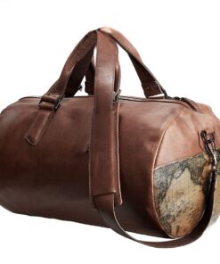 Genuine Leather Duffel Bag - World Map Illustrated - Saddle