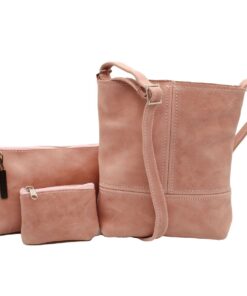 Genuine Leather Handbag, Coin purse and Makeup Bag Combo 3 in 1 - Pink