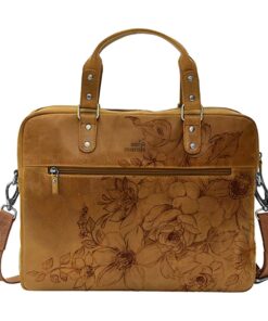 Genuine Leather Laptop Bag - Floral | 14" - 17" - Pecan