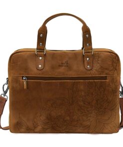Genuine Leather Laptop Bag - Peonies | 14" - 17" - Pecan
