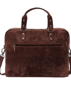 Genuine Leather Laptop Bag - Peonies | 14" - 17" - Saddle