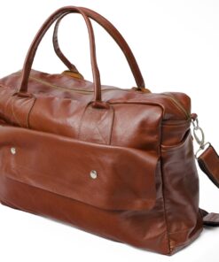 Genuine Leather Overnight Bag - Cognac