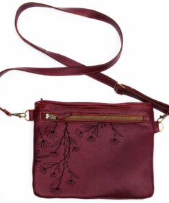 Genuine Leather Sling Bag - Daisy Engraved - Cherry