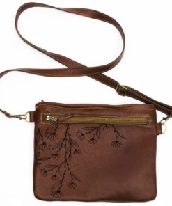 Genuine Leather Sling Bag - Daisy Engraved - Cognac