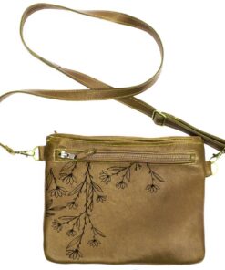 Genuine Leather Sling Bag - Daisy Engraved - Pecan