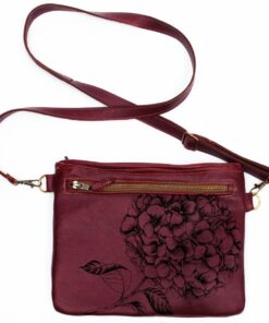 Genuine Leather Sling Bag - Hydrangea Engraved - Cherry