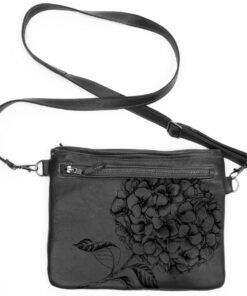 Genuine Leather Sling Bag - Hydrangea Engraved - Midnight