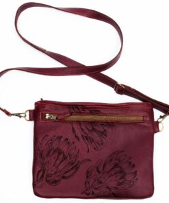 Genuine Leather Sling Bag - Protea Engraved - Cherry