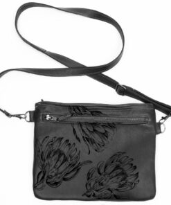 Genuine Leather Sling Bag - Protea Engraved - Midnight