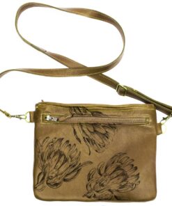 Genuine Leather Sling Bag - Protea Engraved - Pecan