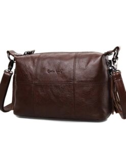 Genuine Leather Tassel Shoulder Handbag - Brown