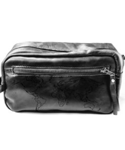 Genuine Leather Toiletry Bag - Front Zip - World - Onyx Black