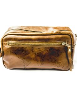 Genuine Leather Toiletry Bag - Front Zip - World - Pecan