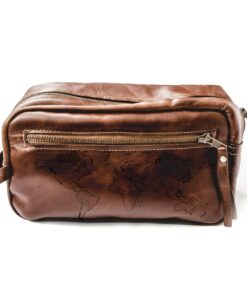 Genuine Leather Toiletry Bag - Front Zip - World - Saddle