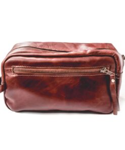 Genuine Leather Toiletry Bag - Zip Front - Cognac