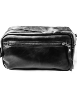 Genuine Leather Toiletry Bag - Zip Front - Onyx Black