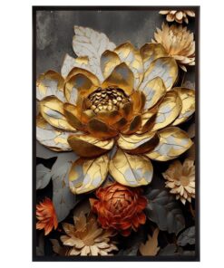 Gold, Brown Cotton Canvas cm Floral Wall Art