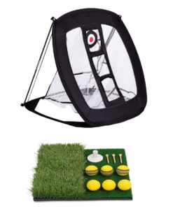 Golf Foldable 3-Target Practice Net Set with Ball Pads Spikes Tee