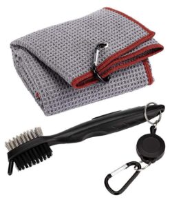 Gray Waffle Pattern Tri-Fold Golf Towel with Black Club Groove Cleaner