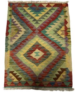 Green, Orange Beautiful Geometric Design Small Kilim Rug - 90 x 60 cm