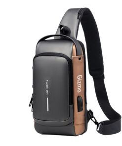 GZIMO Anti-Theft Lock Sling Chest Bag Shoulder Crossbody With USB Port - Grey & Brown