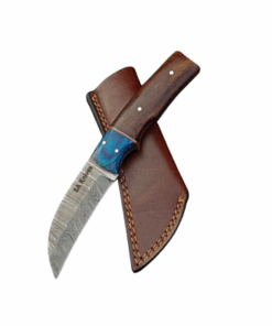 Handmade Damascus Skinning Knife Blue Grey Handle With Leather Sheath