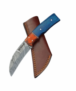 Handmade Damascus Skinning Knife Blue Handle With Leather Sheath