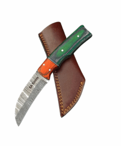 Handmade Damascus Skinning Knife Green Grey Handle With Leather Sheath