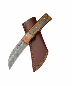 Handmade Damascus Skinning Knife Orange & Grey Handle With Leather Sheath