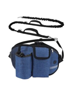 Hands Free Dog Running Waist Belt Bungee Dog Leash with Multi Pouches - Blue