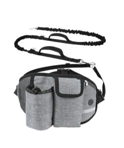 Hands Free Dog Running Waist Belt Bungee Dog Leash with Multi Pouches - Grey