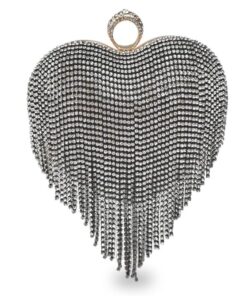 Heart Shape Evening Bag Women Rhinestone Fringe Clutch Removable Chain Bag - Black