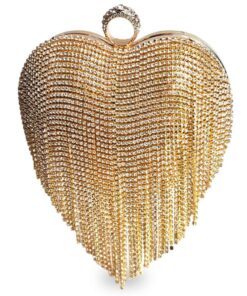Heart Shape Evening Bag Women Rhinestone Fringe Clutch Removable Chain Bag - Gold