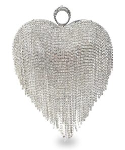 Heart Shape Evening Bag Women Rhinestone Fringe Clutch Removable Chain Bag - Silver