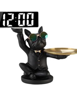 Home Decor Cute Bulldog Statue With Storage Tray & Clock Ornament(26cm)
