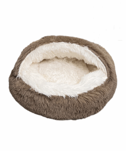 Hooded Cat Bed Calming Small Dog Bed Round Plush Fluffy Non-Slip - 40 cm - Brown