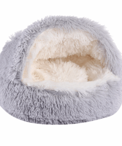 Hooded Cat Bed Calming Small Dog Bed Round Plush Fluffy Non-Slip - 40 cm - Grey