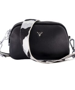 Jetsetter Black Leather Crossbody Bag - Black, Silver & White Camo Strap