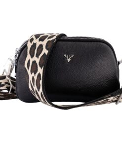 Jetsetter - Black Leather Crossbody Bag - Brown Leopard Print Strap