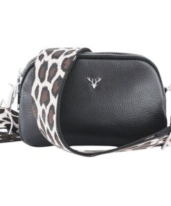 Jetsetter - Black Leather Crossbody Bag - Brown/Silver Leopard Print Strap