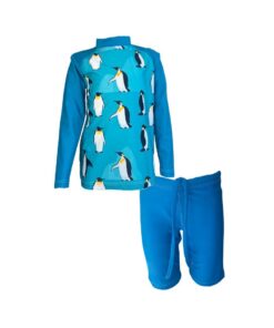 Kids Swim Two Piece Set: Rash Guard Vest and Shorts Penguins - 7-8 years
