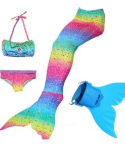 Kids Swimming Mermaid Costume With Blue Mermaid Flipper - Rainbow - 7-8 years