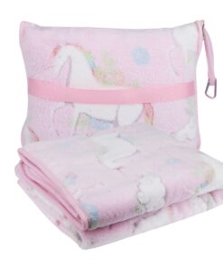 Kids Travel Pillow & Blanket with Unicorn Print - Soft Fleece Blanket - Pink Unicorn