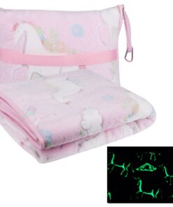 Kids Travel Pillow & Blanket with Unicorn Print - Soft Fleece Blanket - Pink Unicorn (Glow In The Dark)