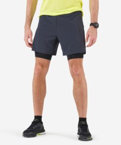 Kiprun Men's Running 2-In-1 Tight Shorts - Grey Black - XL