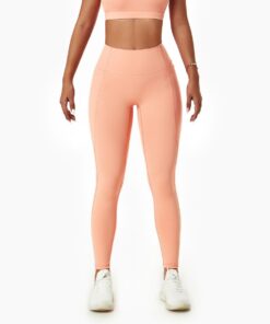 Ladies Active Wear Tights - Gym Yoga Leggings with Pockets - Peach - XL