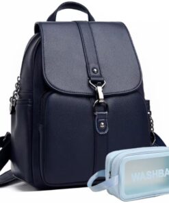 Ladies Stylish Vegan Leather Anti-theft Backpack With Makeup Bag - Simple blue